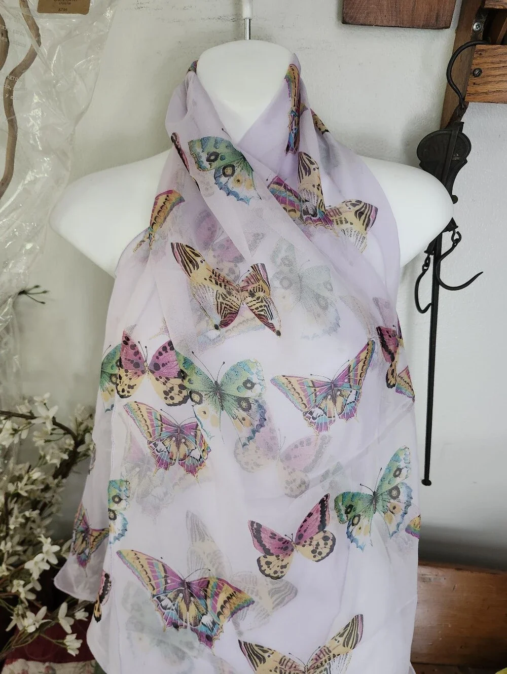 Light Purple Butterfly Print Silk Scarf 14x59